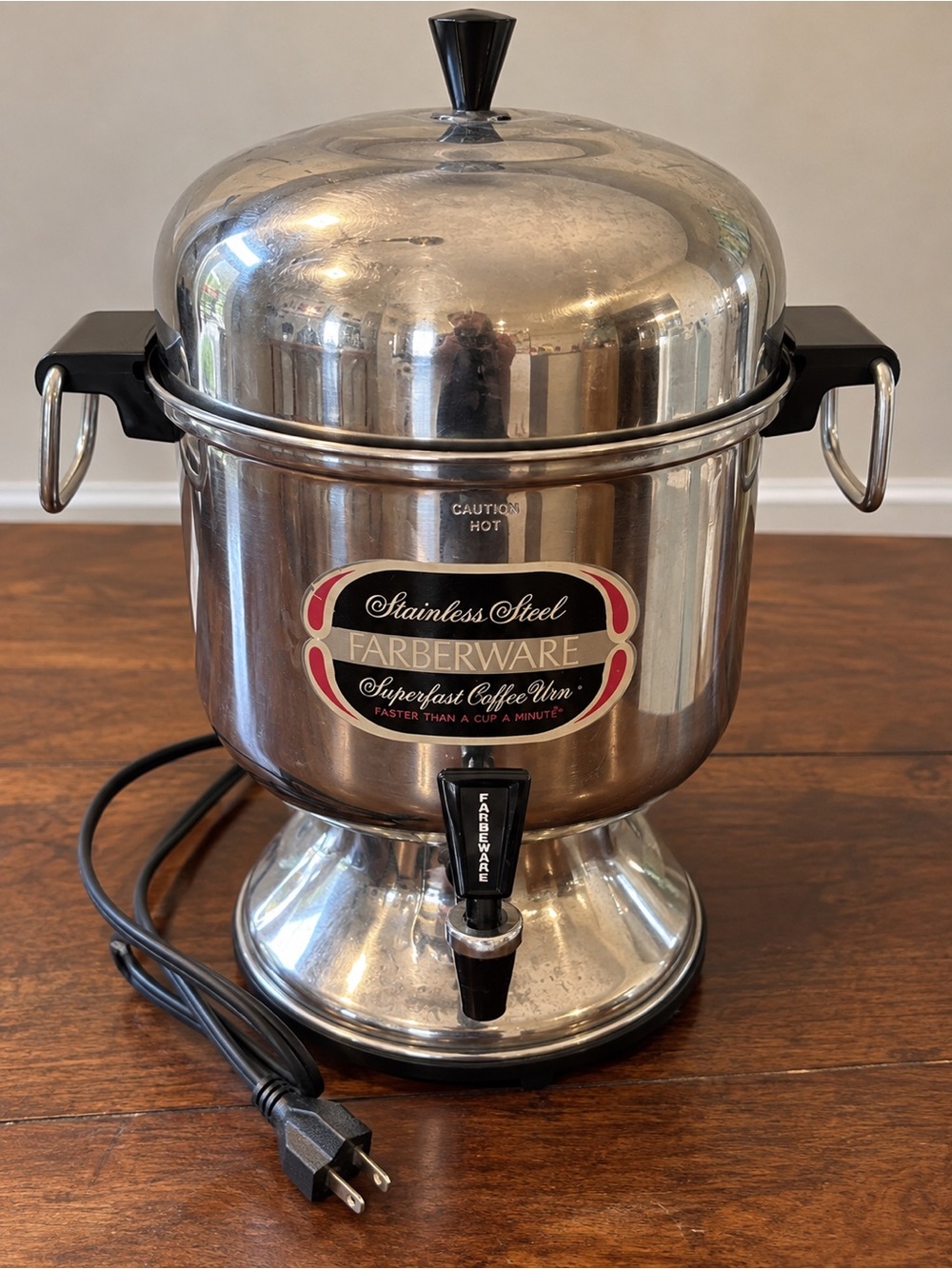 Vintage Farberware Stainless Steel Coffee Urn with Black Handles and Spigot